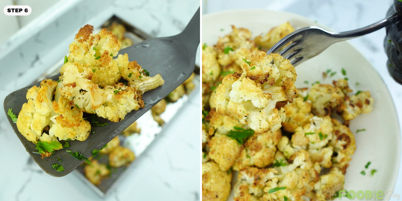 Roasted cauliflower being served with a spatula and fork over a plate