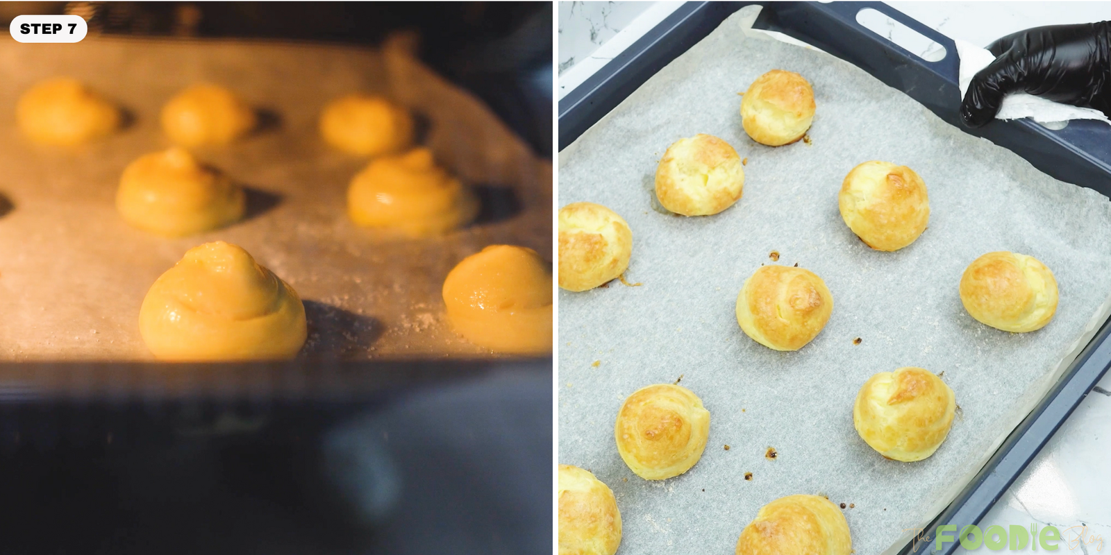 Choux pastry puffs baking and turning golden on a tray