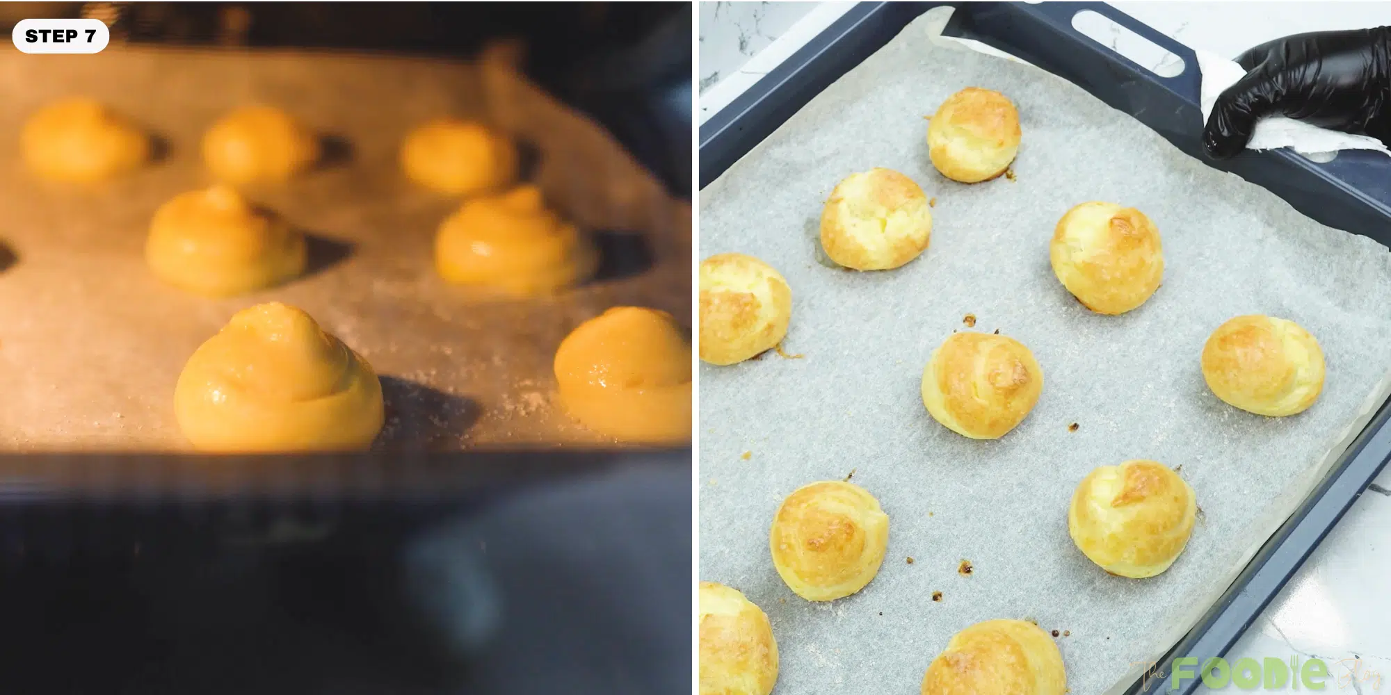 Choux pastry puffs baking and turning golden on a tray