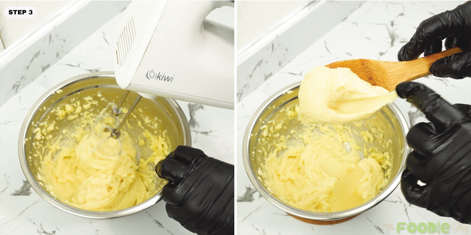 Hand mixer blending eggs into choux dough until smooth and glossy