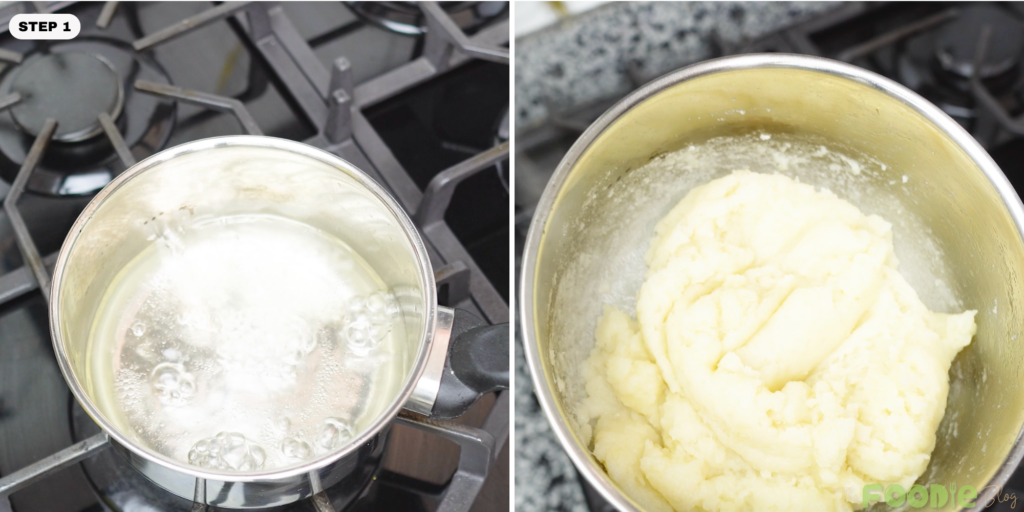 Water mixture boiling in a saucepan to start choux pastry dough