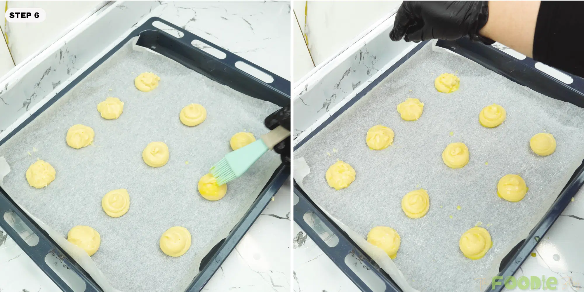 Brushing egg wash onto piped choux pastry before baking