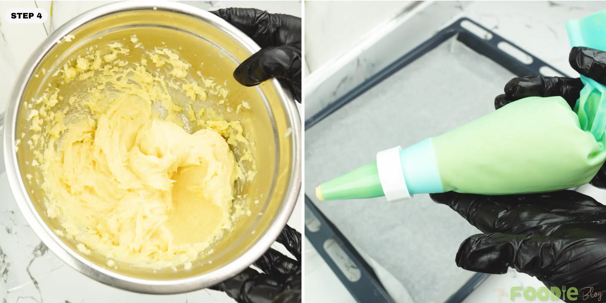Choux pastry dough in a bowl and piping bag ready for piping onto a sheet pan