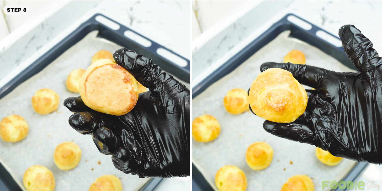 Hand holding a baked choux puff showing the crisp golden shell