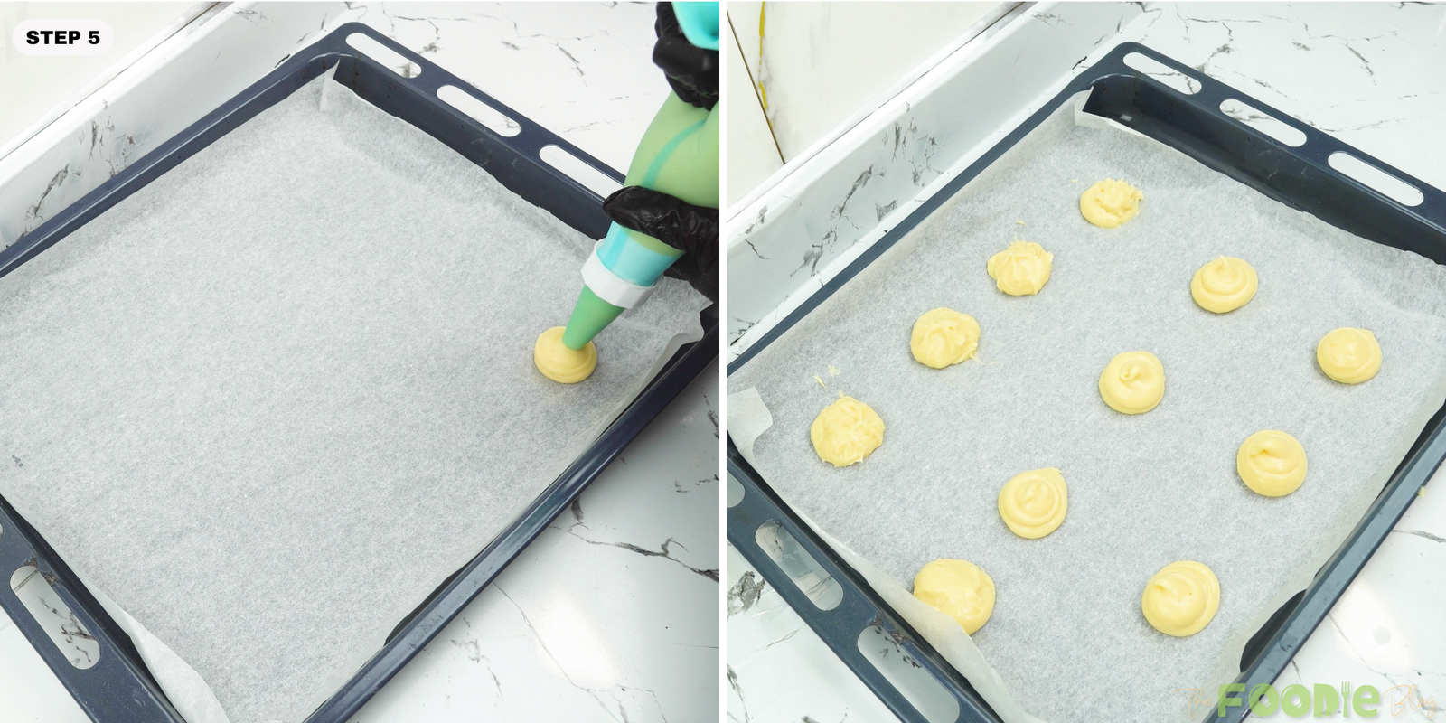 Choux pastry mounds piped onto parchment paper on a cookie sheet