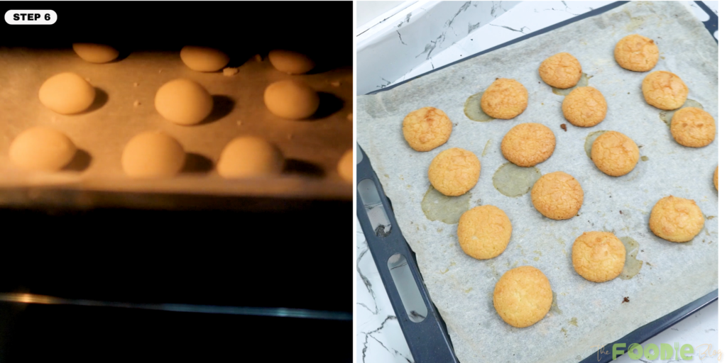 Coconut macaroon cookies baking on a parchment-lined cookie sheet
