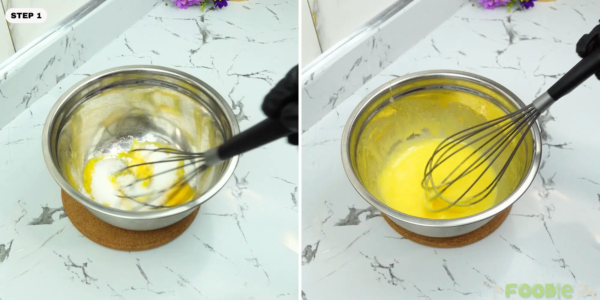 Egg yolks being whisked with sugar in a metal mixing bowl
