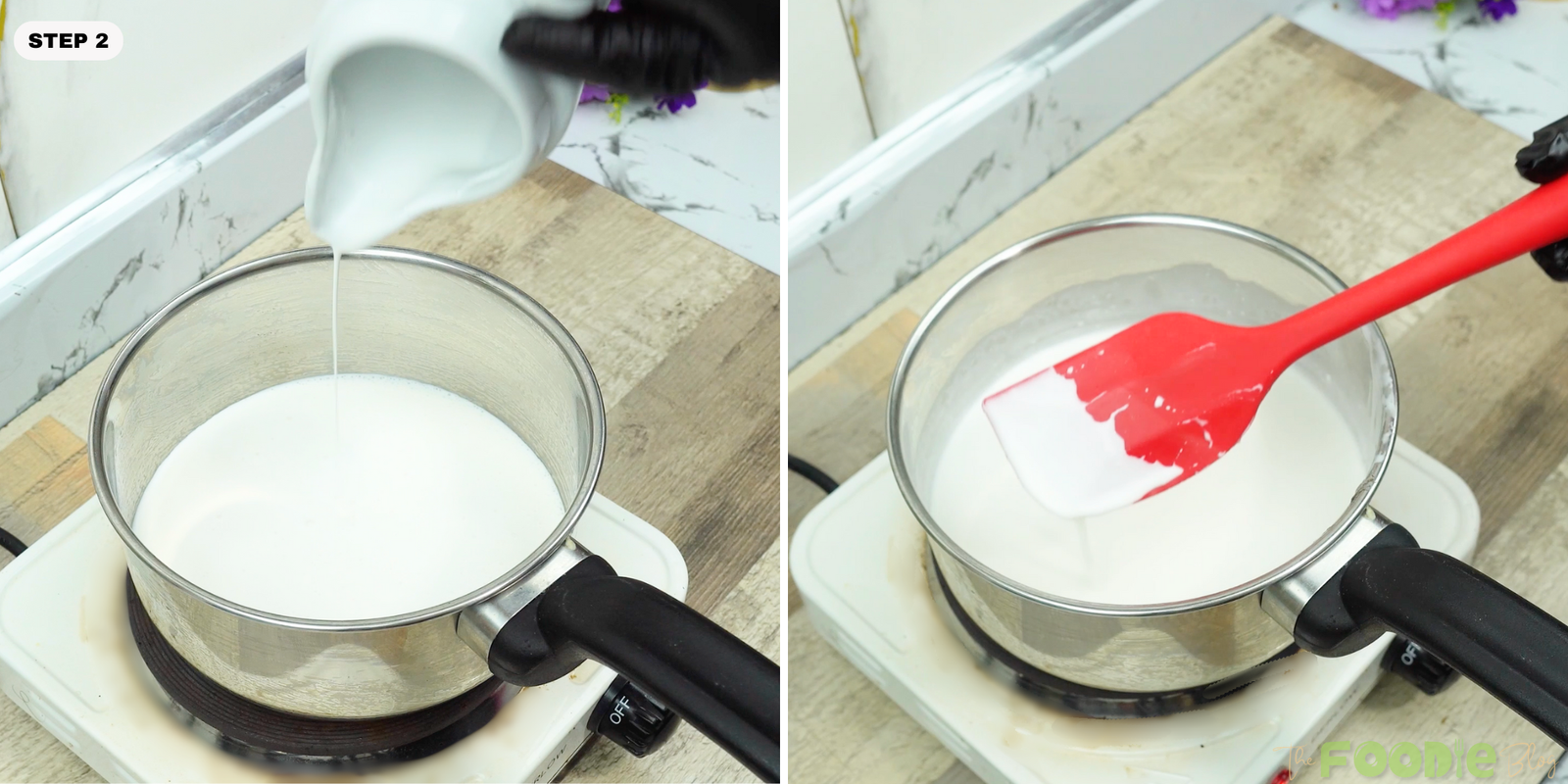 Heavy cream being poured and warmed in a saucepan before tempering