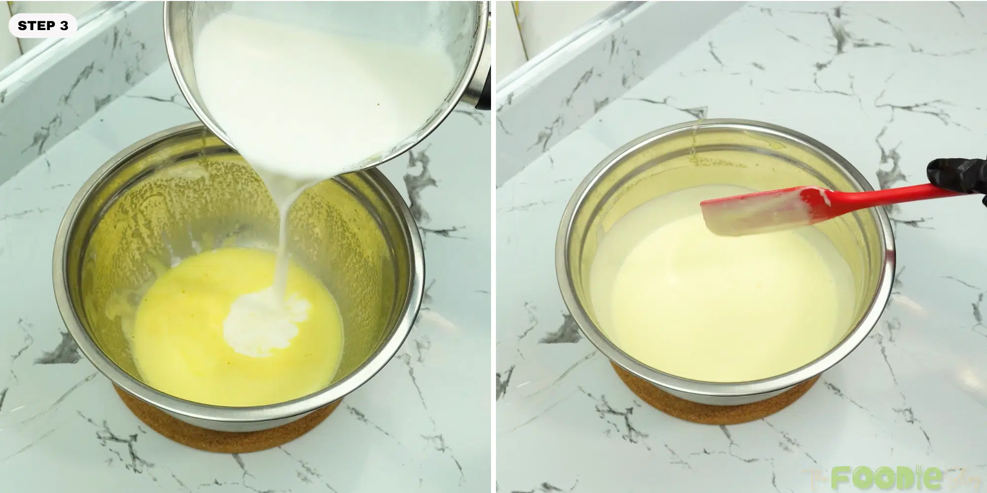 Warm cream being poured into the egg mixture while mixing to make custard