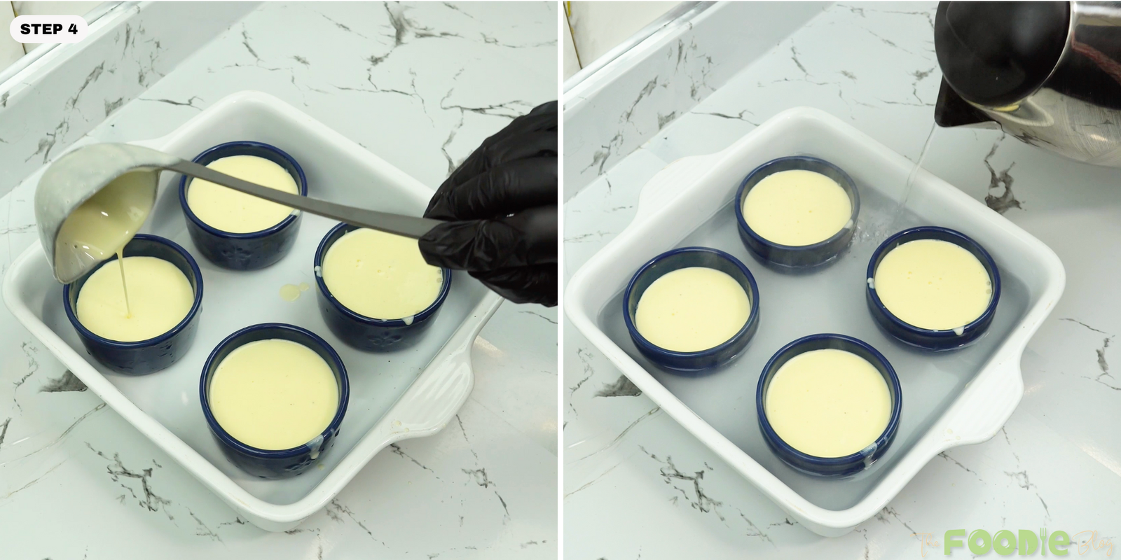 Custard mixture being poured into ramekins set inside a baking dish for a water bath