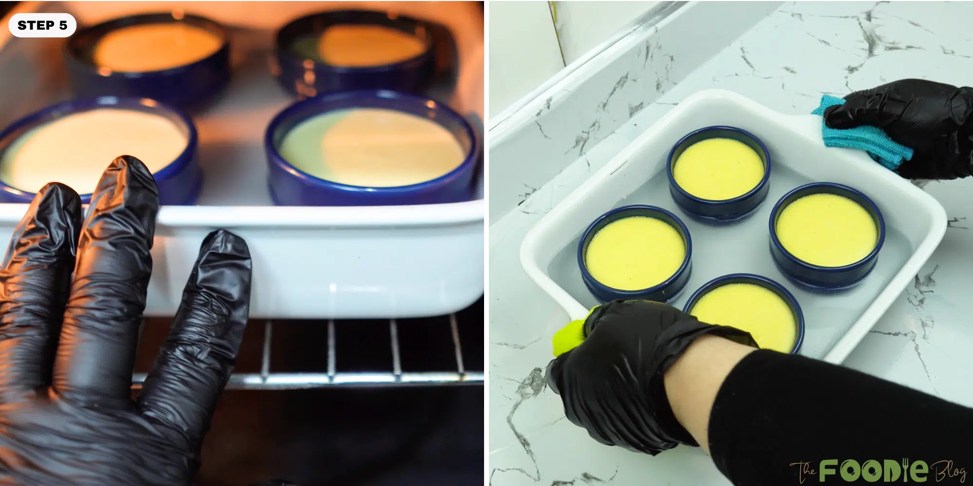 Ramekins filled with custard baking in the oven