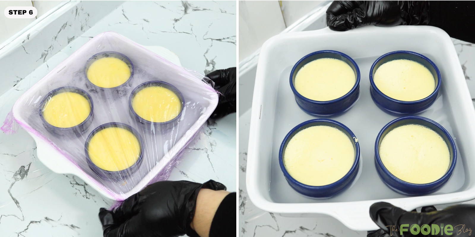 Baked creme brulee custards cooling and chilling in their ramekins