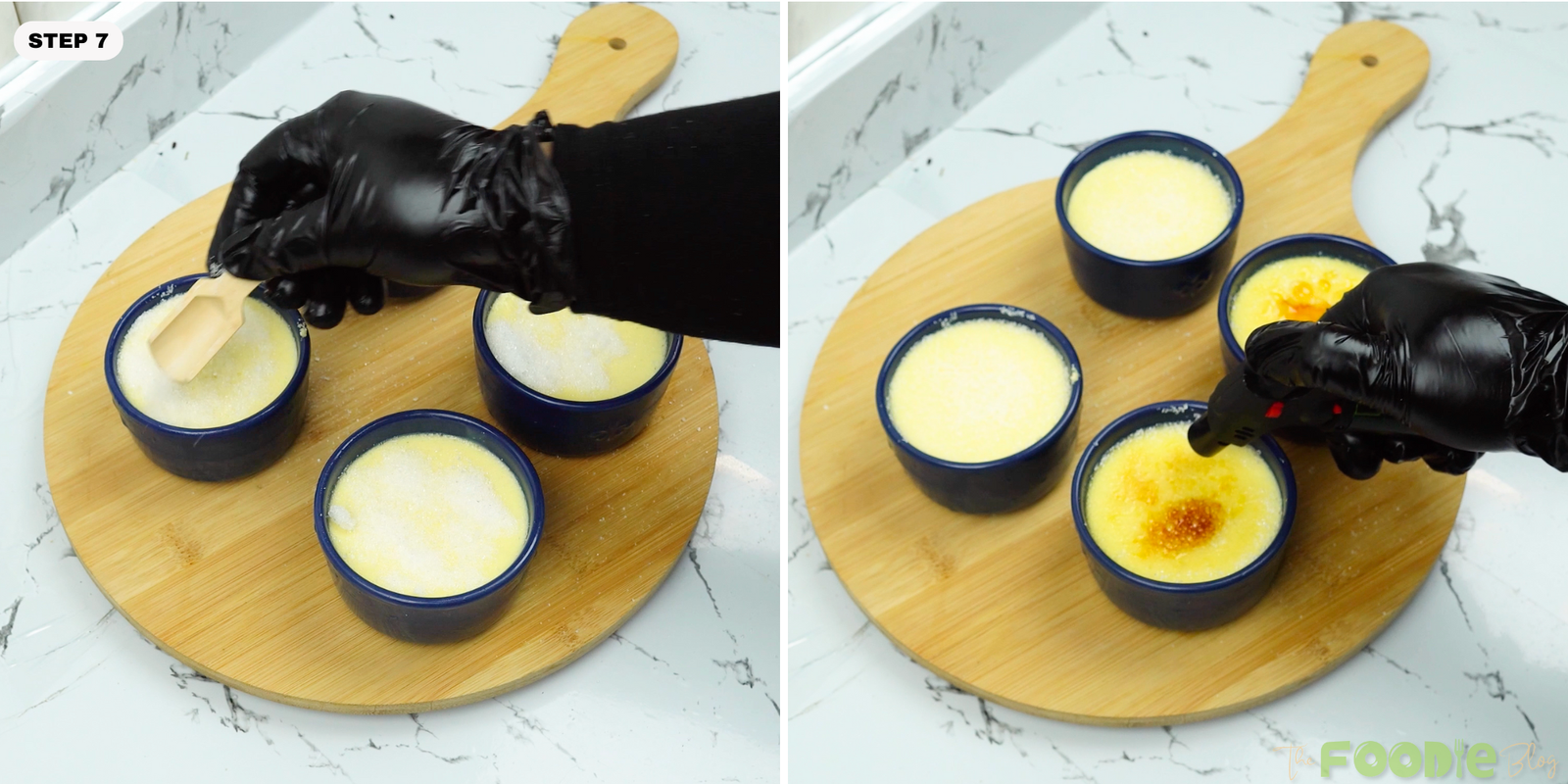 Sugar being added to custard tops and caramelized with a kitchen torch