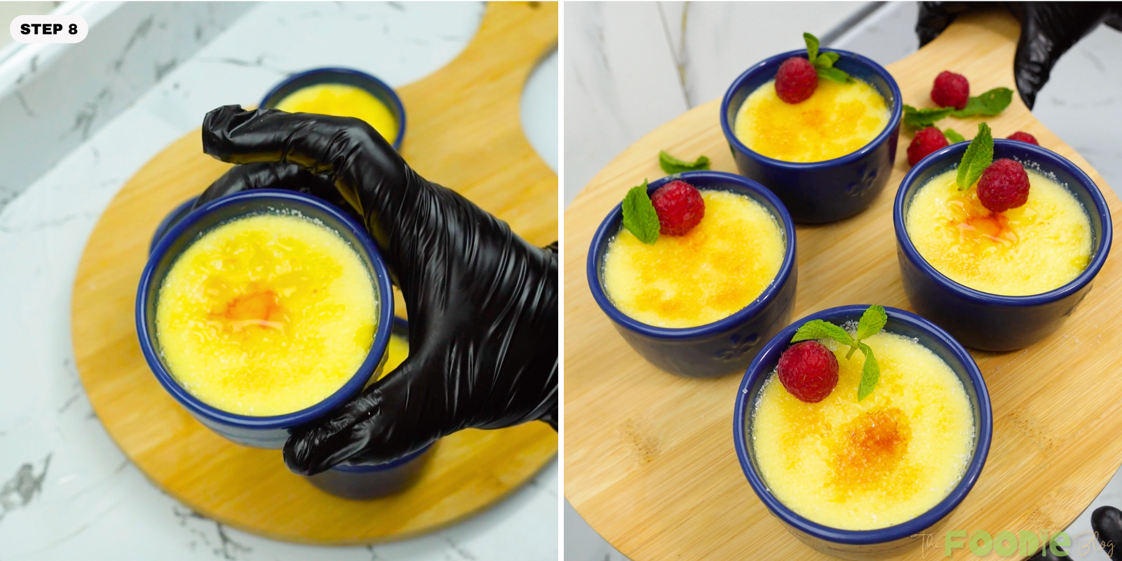 Blue ramekins of creme brulee topped with caramelized sugar, raspberries, and mint