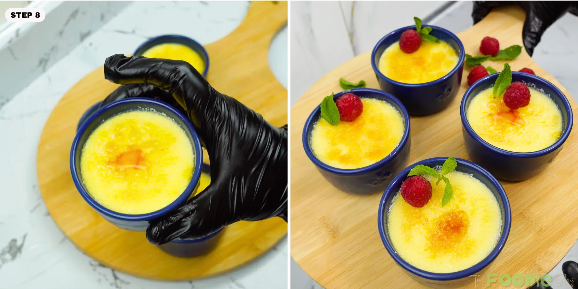 Blue ramekins of creme brulee topped with caramelized sugar, raspberries, and mint
