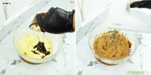 Coffee mixture poured into the creamed butter mixture in a bowl