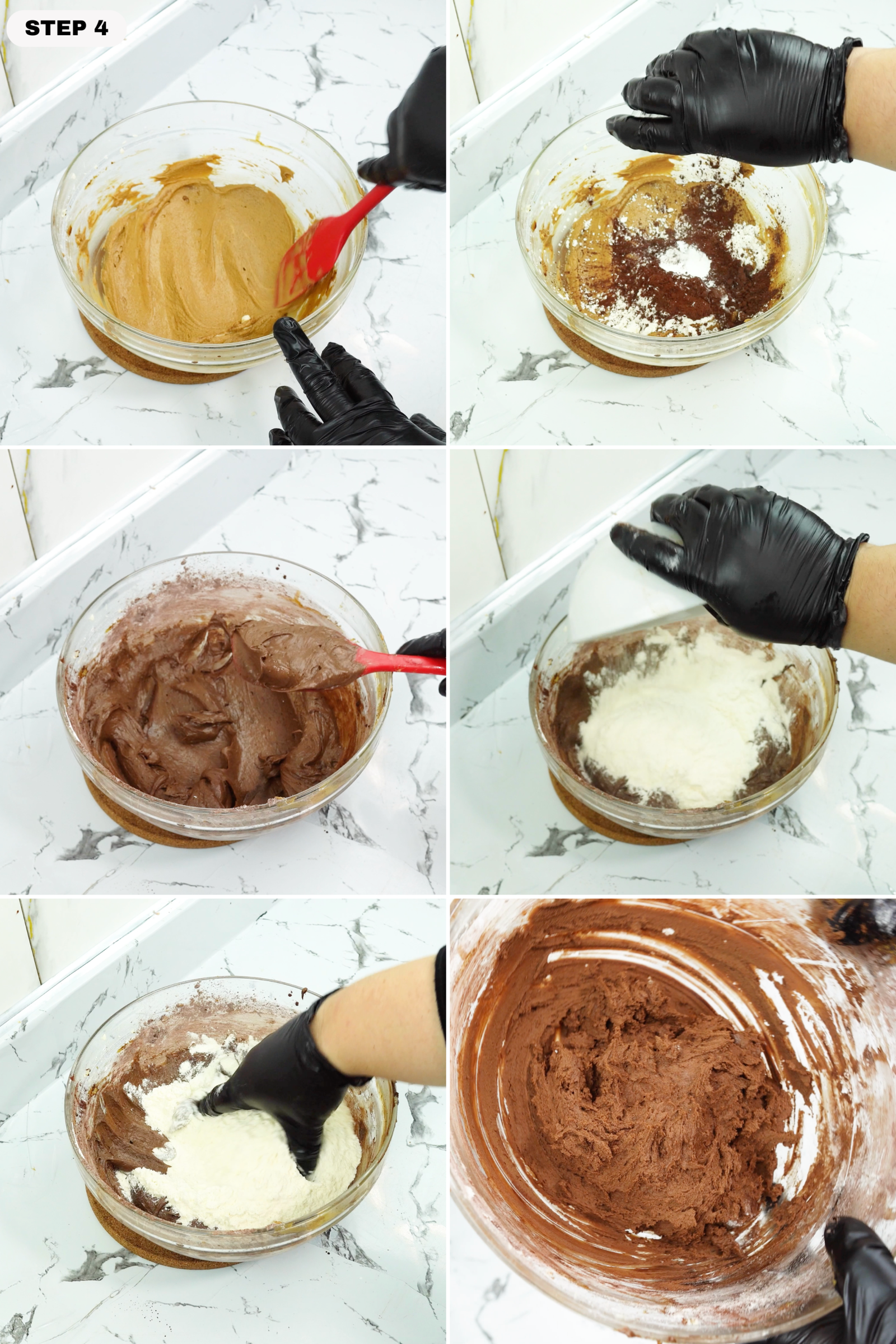 Cocoa and flour mixture added to the bowl to form chocolate cookie dough