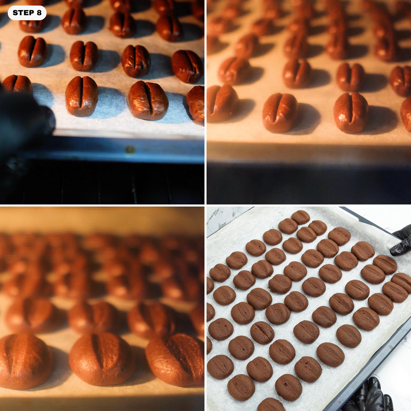 Coffee bean shaped cookies baking on a tray in the oven