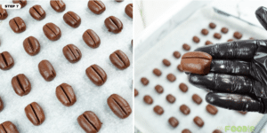Close-up of dough ovals with a line pressed down the center like coffee beans