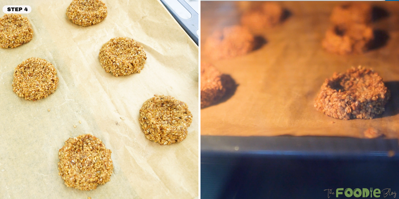 Sesame cookies baking on parchment paper in the oven