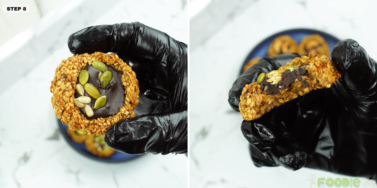 Close-up of a banana sesame cookie with chocolate center and seeds