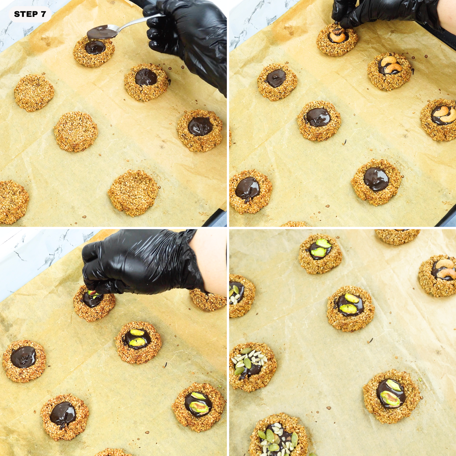 Chocolate filling added to cookie centers and topped with nuts and seeds