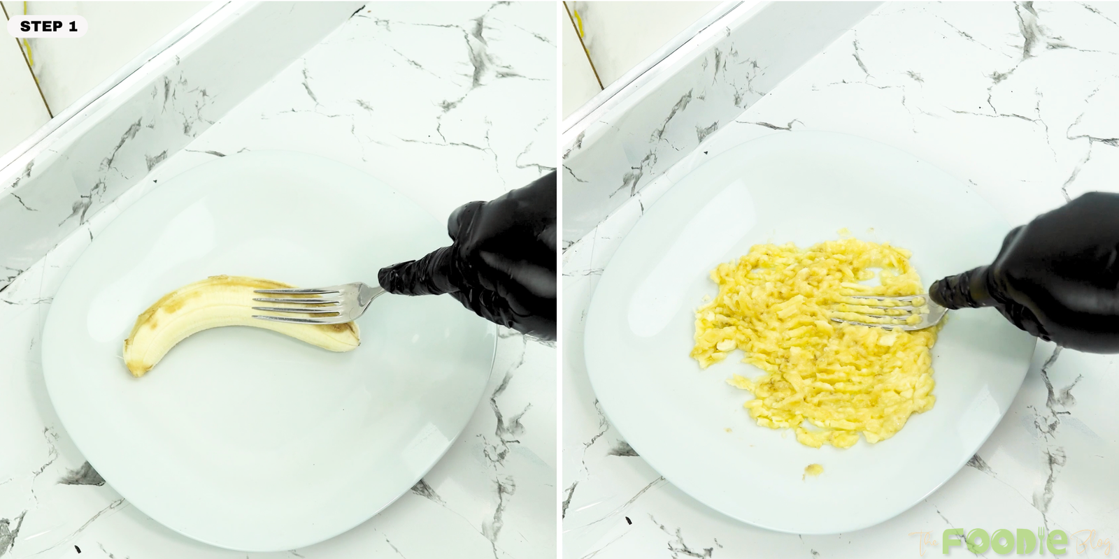 Banana being mashed with a fork on a plate