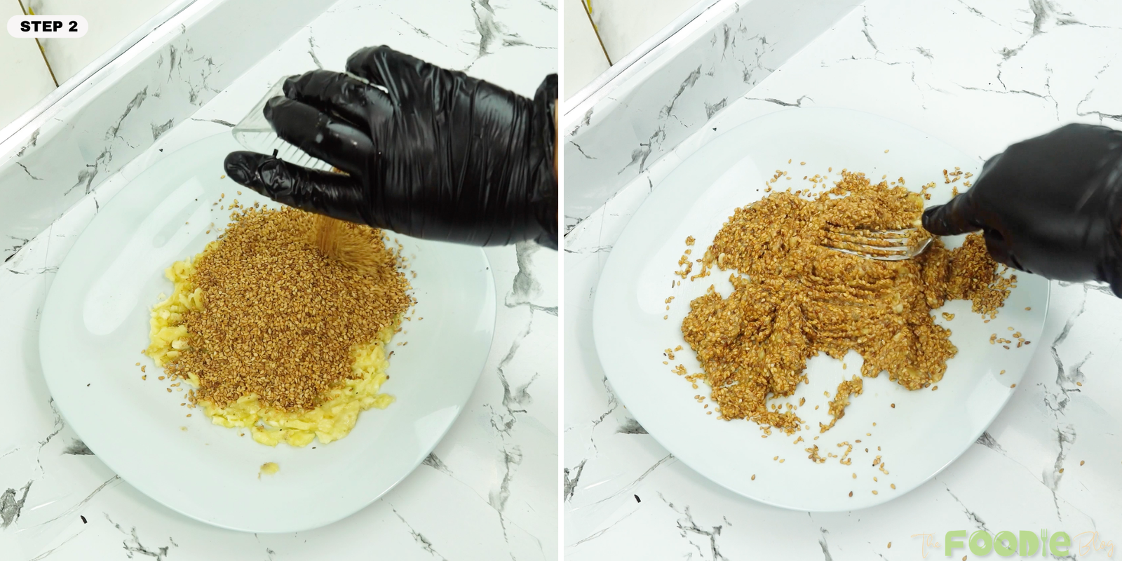 Sesame seeds being mixed into mashed banana