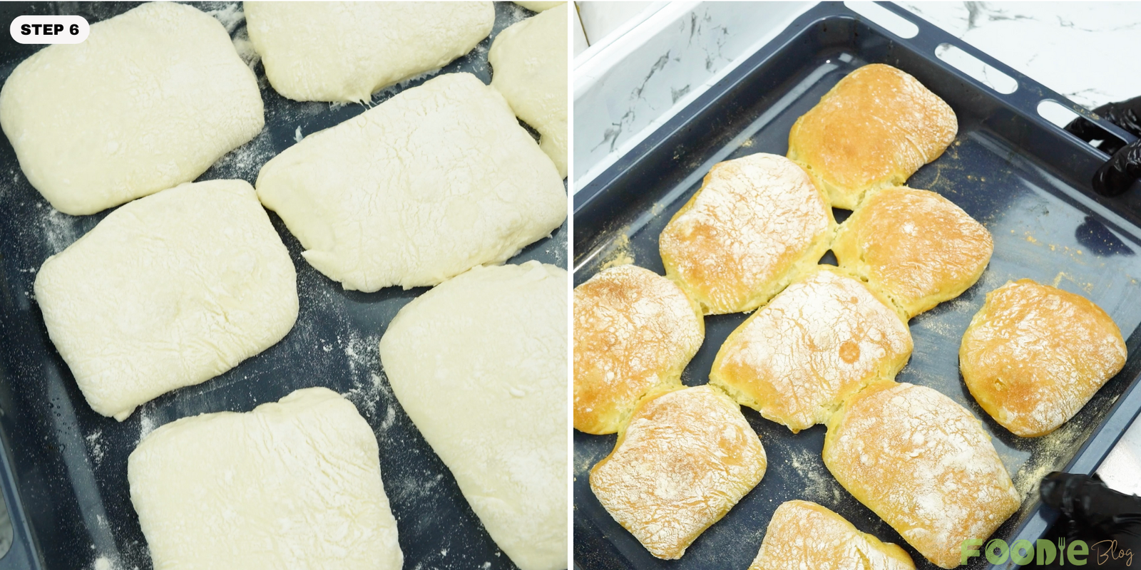 Ciabatta rolls on a baking sheet before and after baking, turning golden