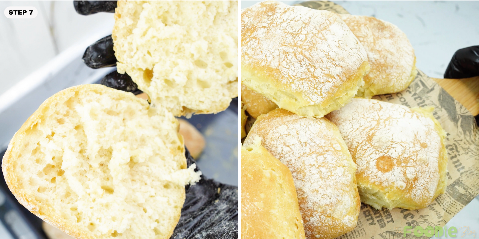 A split ciabatta roll showing an airy, holey interior texture