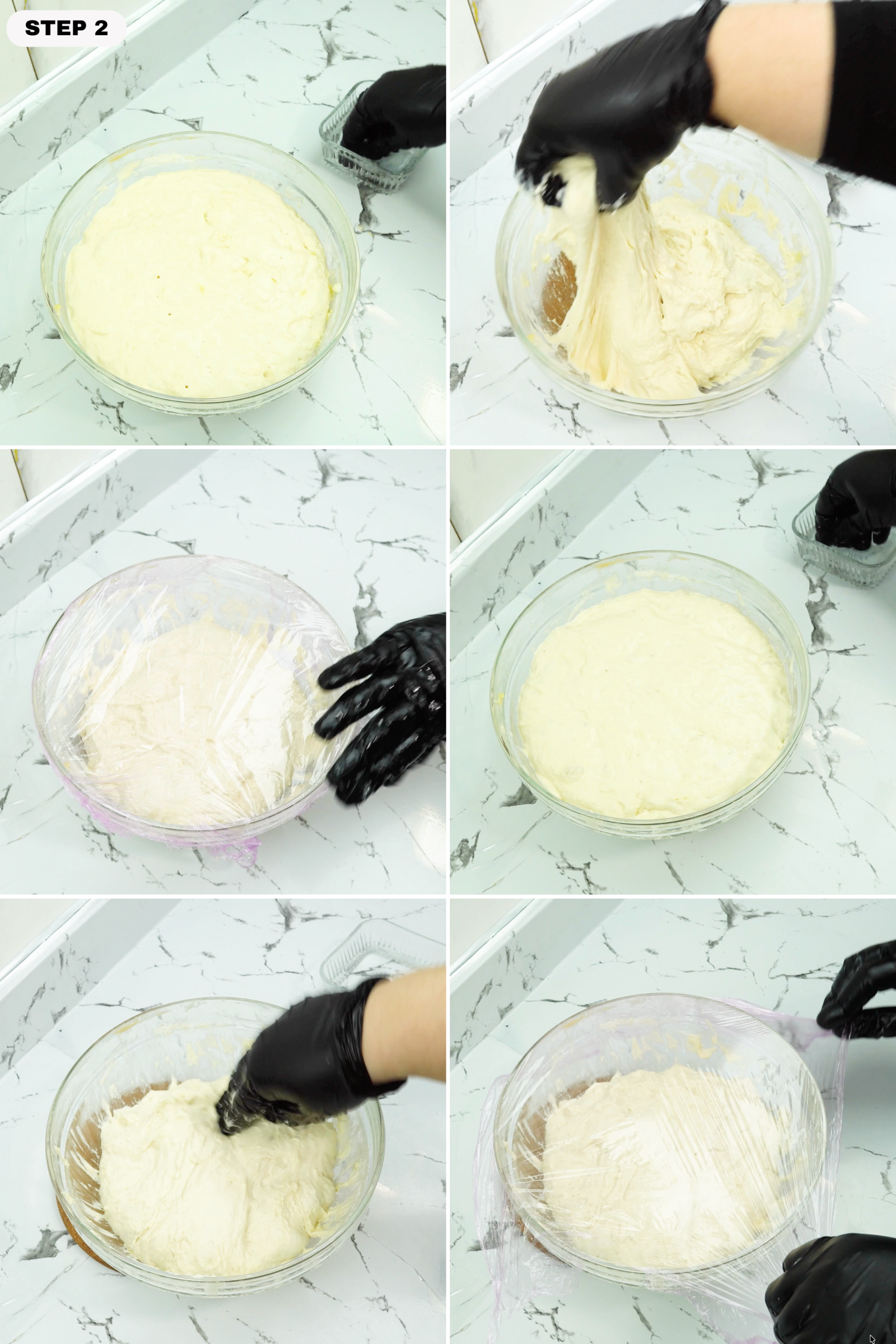 Sticky dough rising in a bowl, then covered again to continue proofing