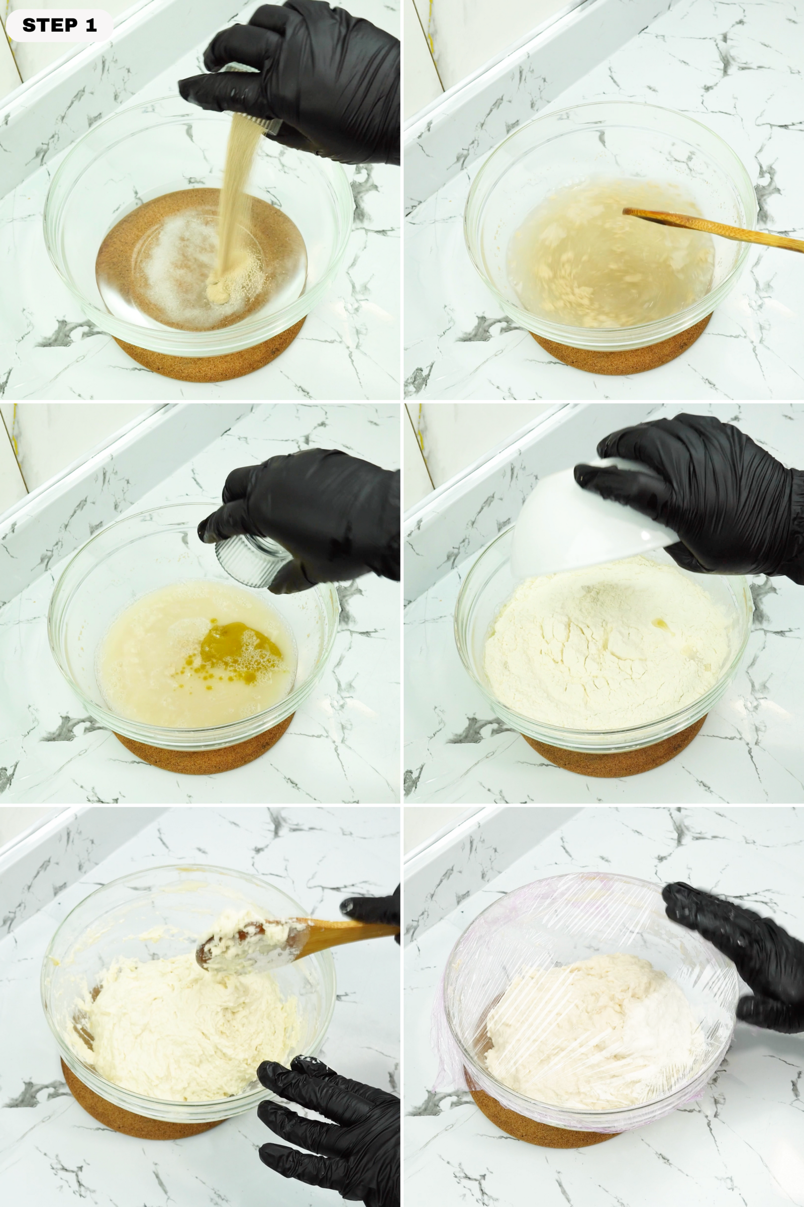 Yeast mixture and flour being added in a bowl to start the dough