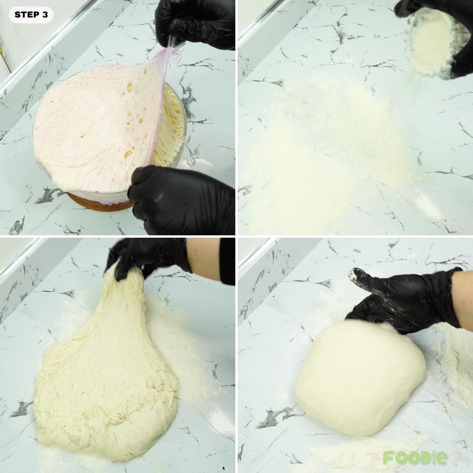 Sticky dough being turned onto a floured counter and shaped gently