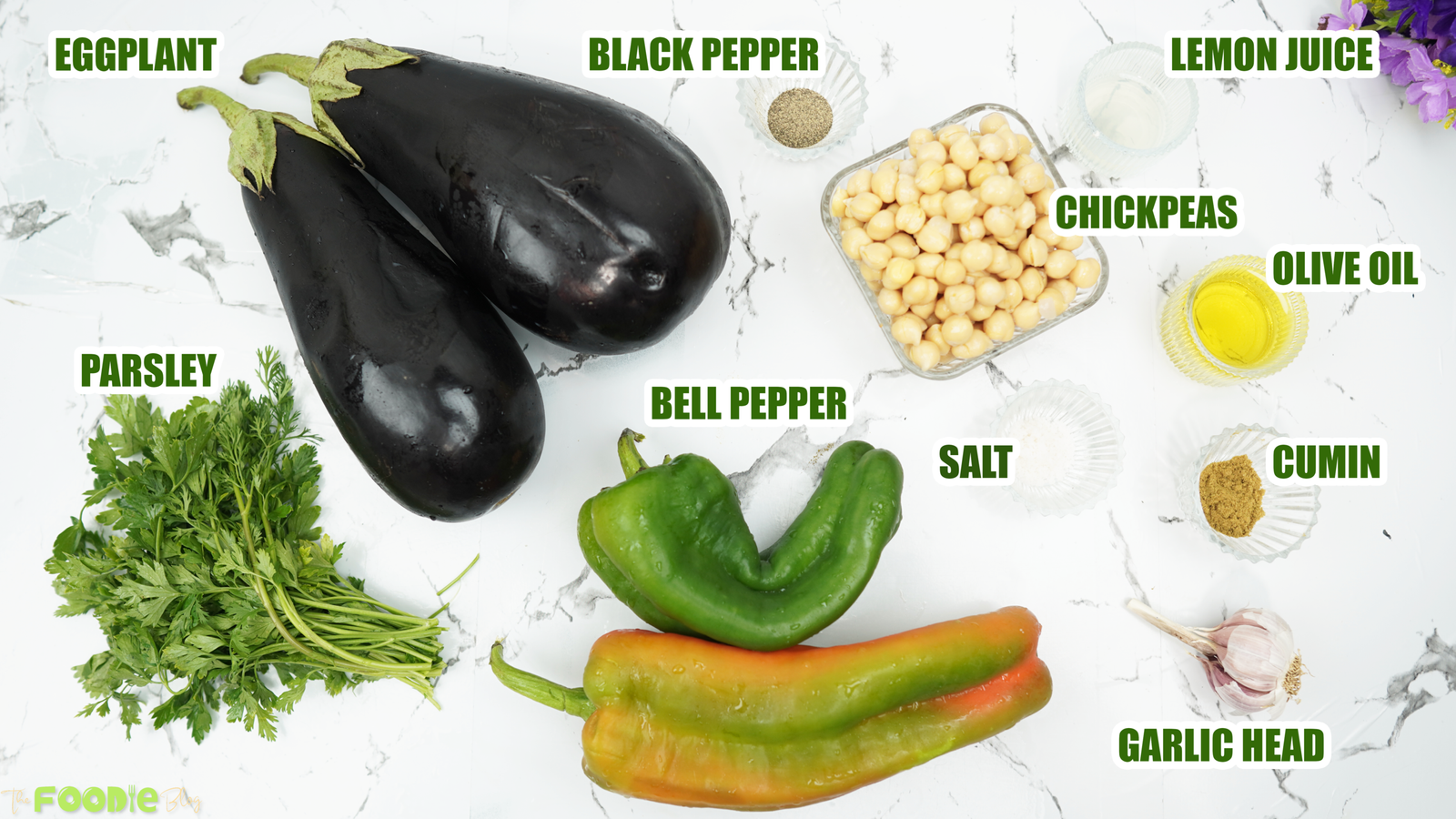 Labeled ingredients for eggplant chickpea salad including eggplant, chickpeas, lemon juice, olive oil, and spices