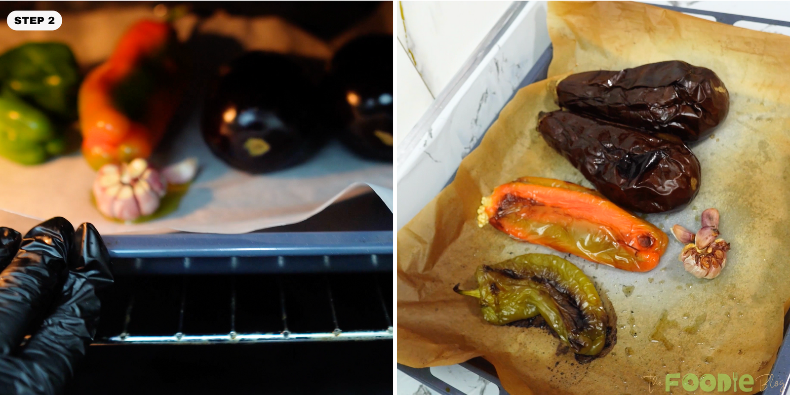 Roasted eggplant and peppers on a baking sheet after cooking, with softened garlic