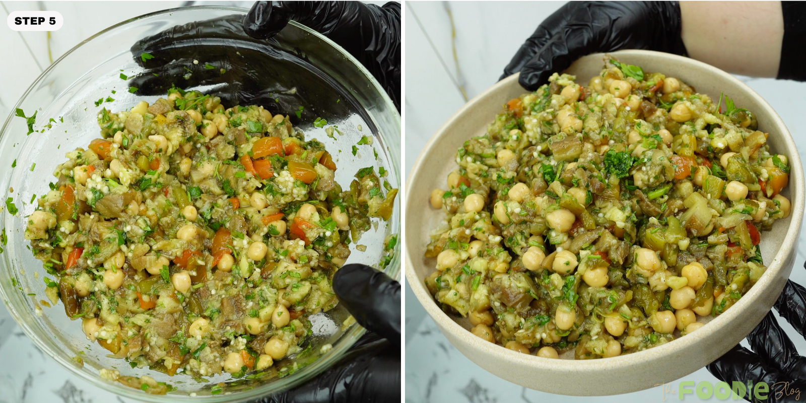 Collage showing salad in a bowl and the finished mixture held in a beige serving bowl