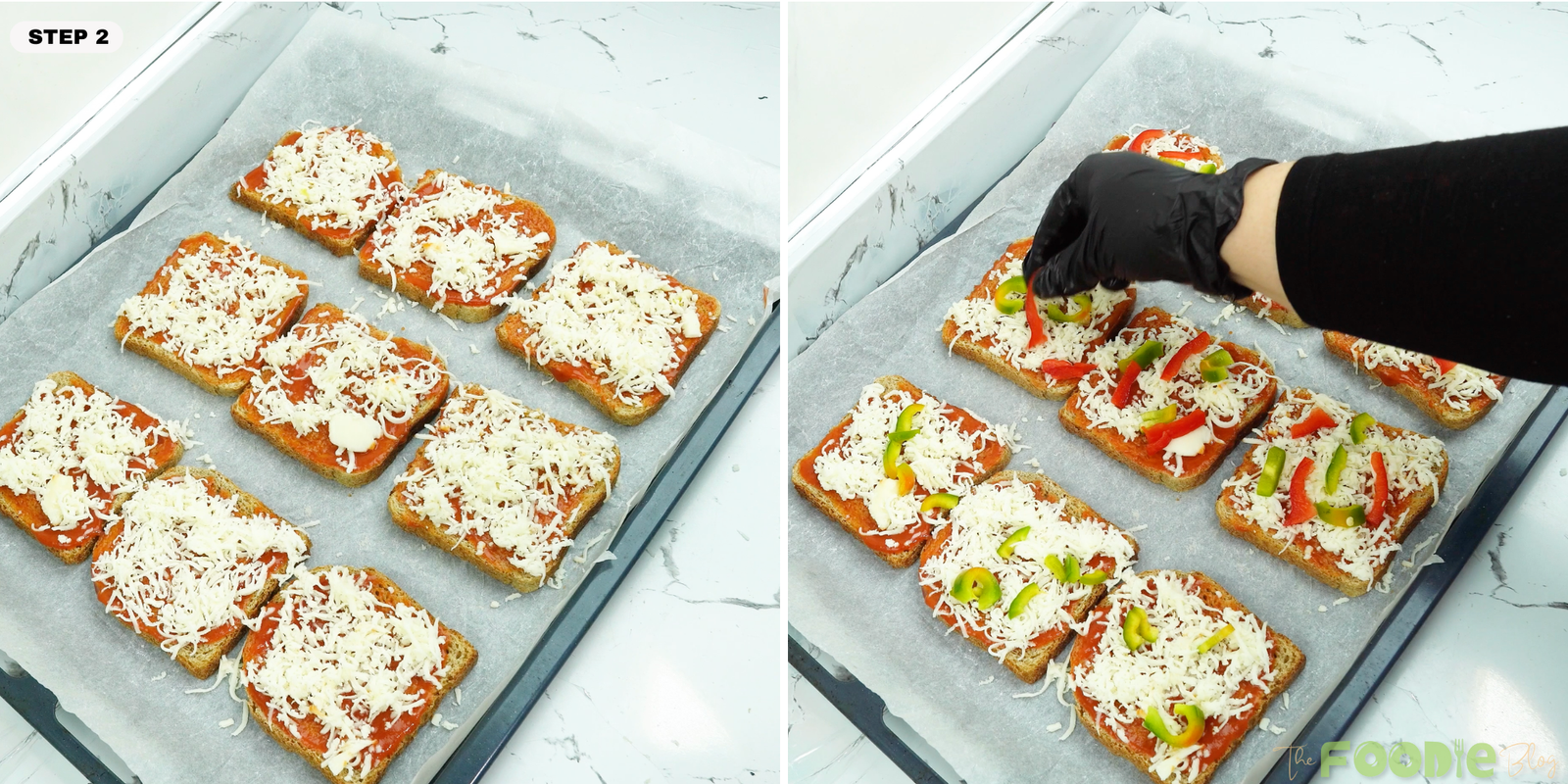 Sauced bread slices topped with grated mozzarella for EASY PIZZA TOAST