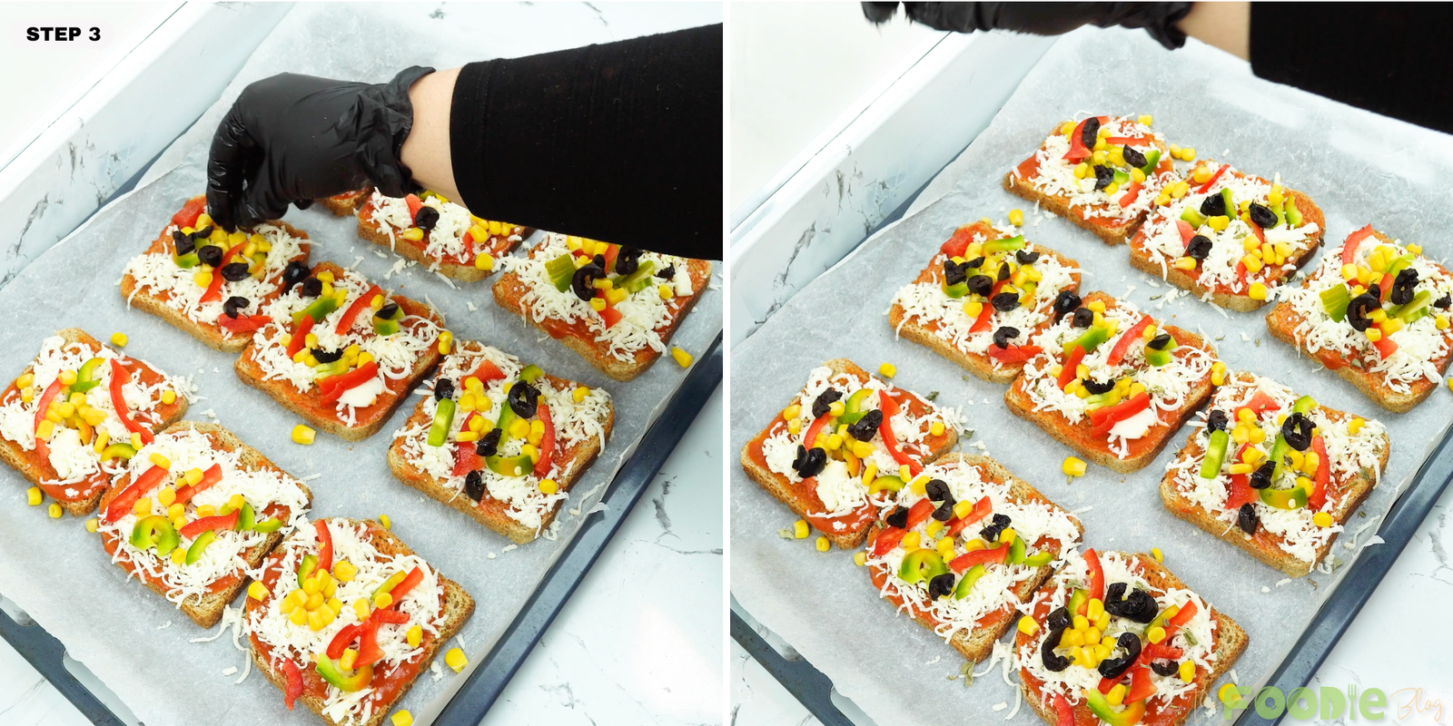 Pizza toast slices being topped with peppers, corn, and olives before baking