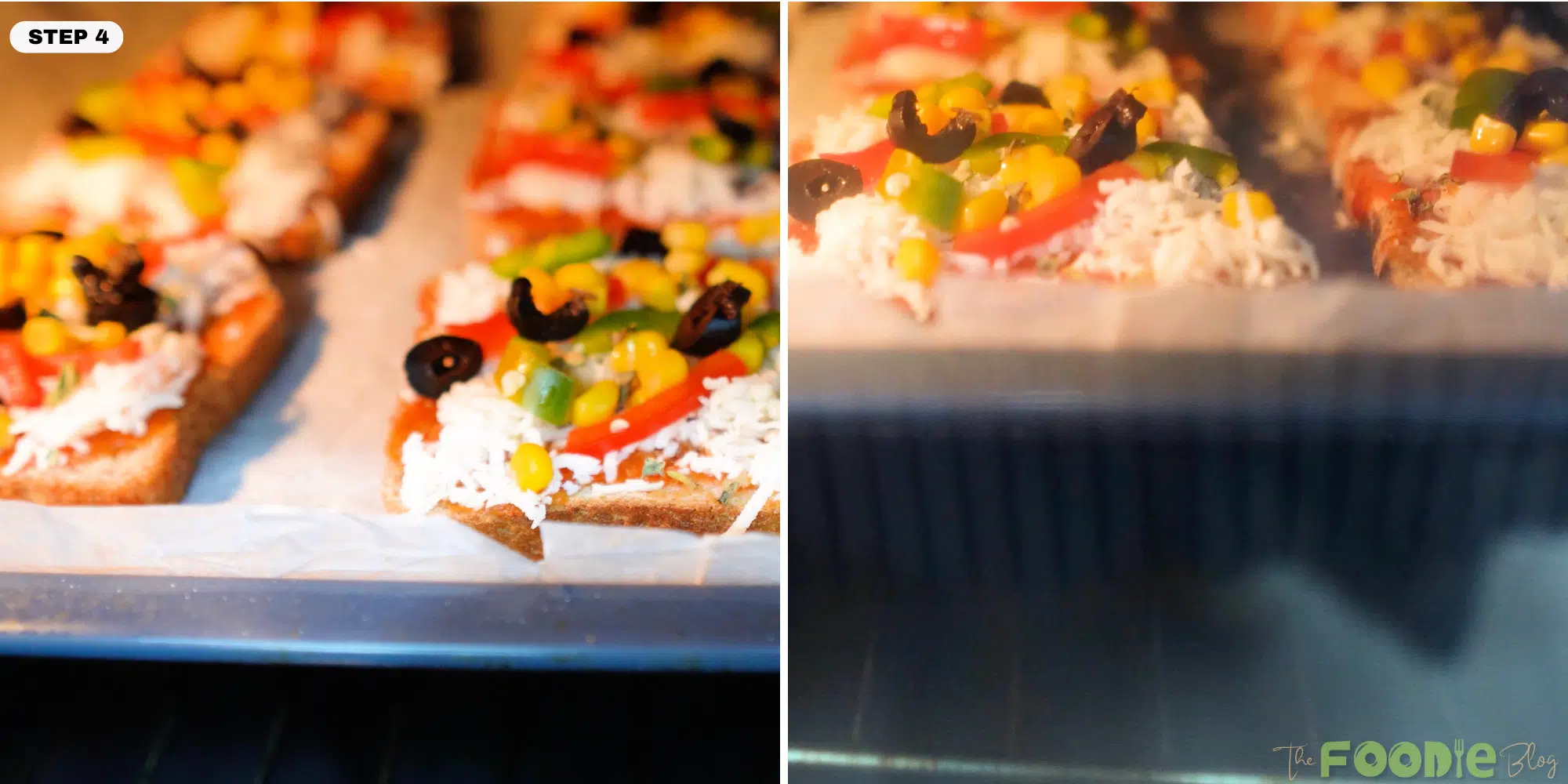 EASY PIZZA TOAST slices baking in the oven with cheese melting on top