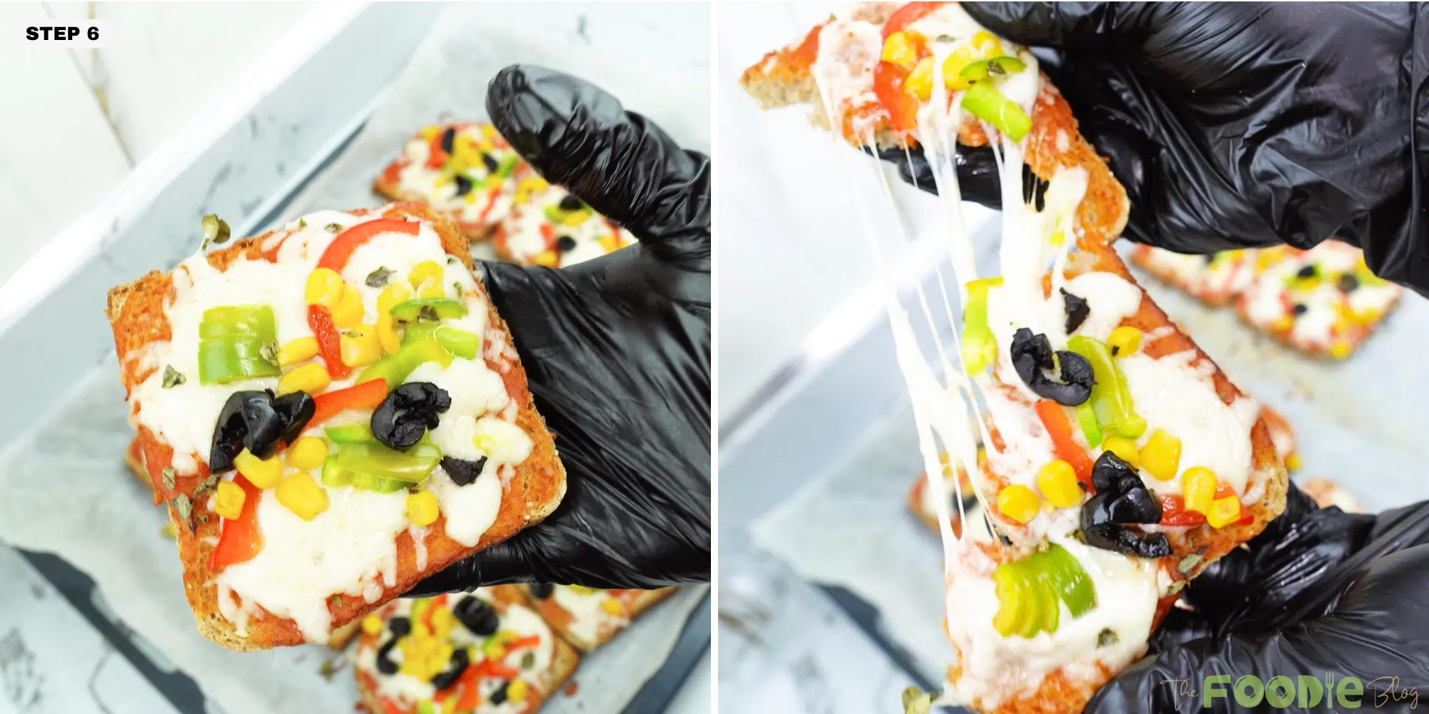 Hand holding a slice of EASY PIZZA TOAST with stretchy melted mozzarella