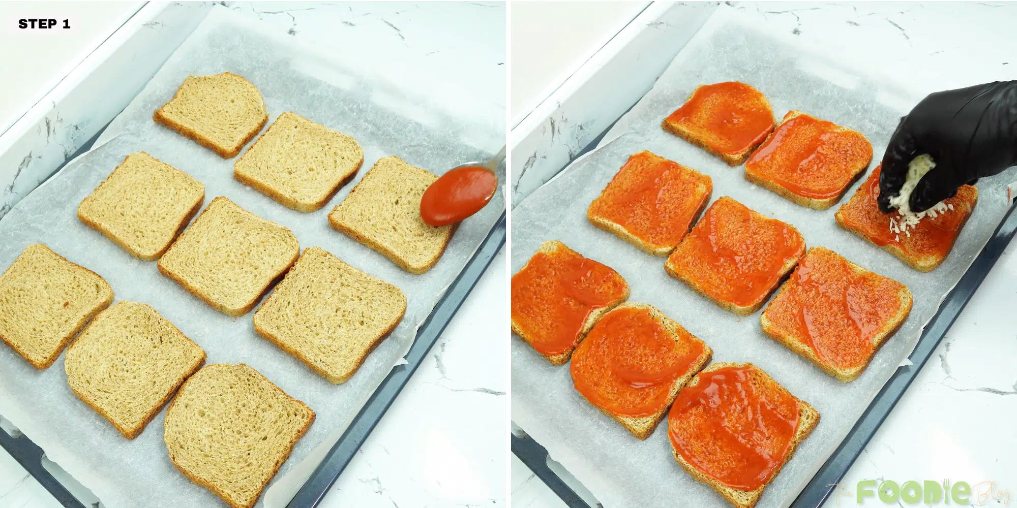 Bread slices on a sheet pan while tomato sauce is spread for EASY PIZZA TOAST