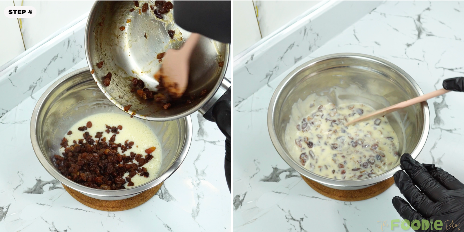 Adding rum-soaked raisins into the condensed milk mixture