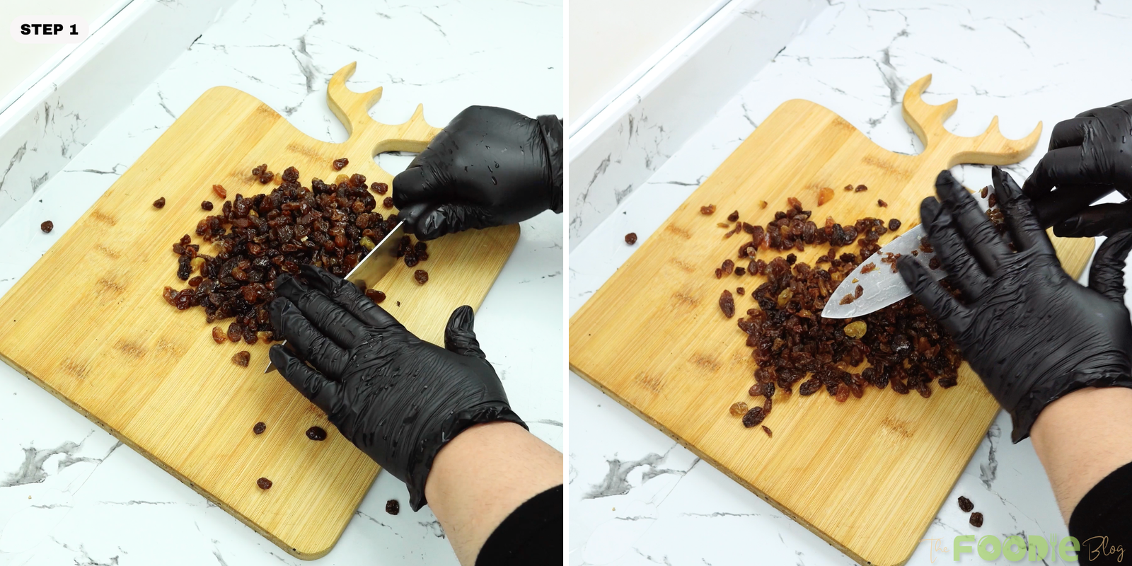 Chopping raisins on a cutting board for rum raisin ice cream
