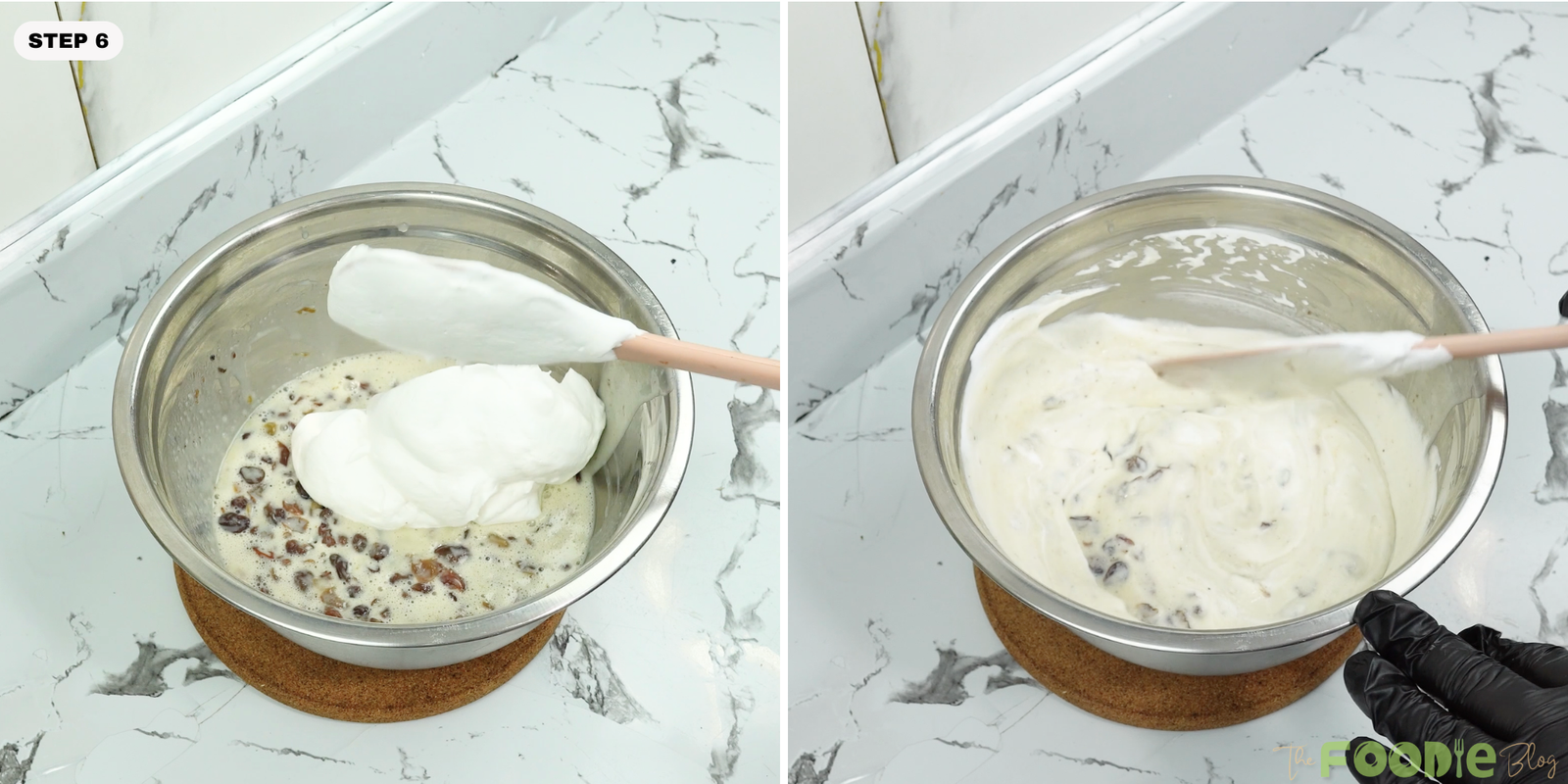 Whipped cream being folded into the rum raisin condensed milk mixture