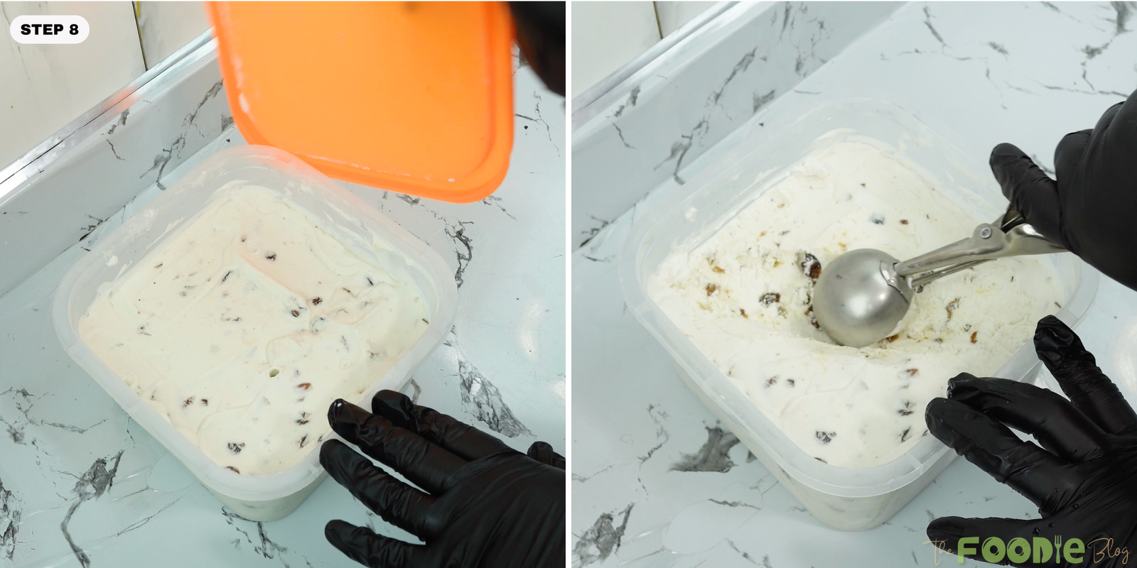 Covered container of rum raisin ice cream ready for the freezer