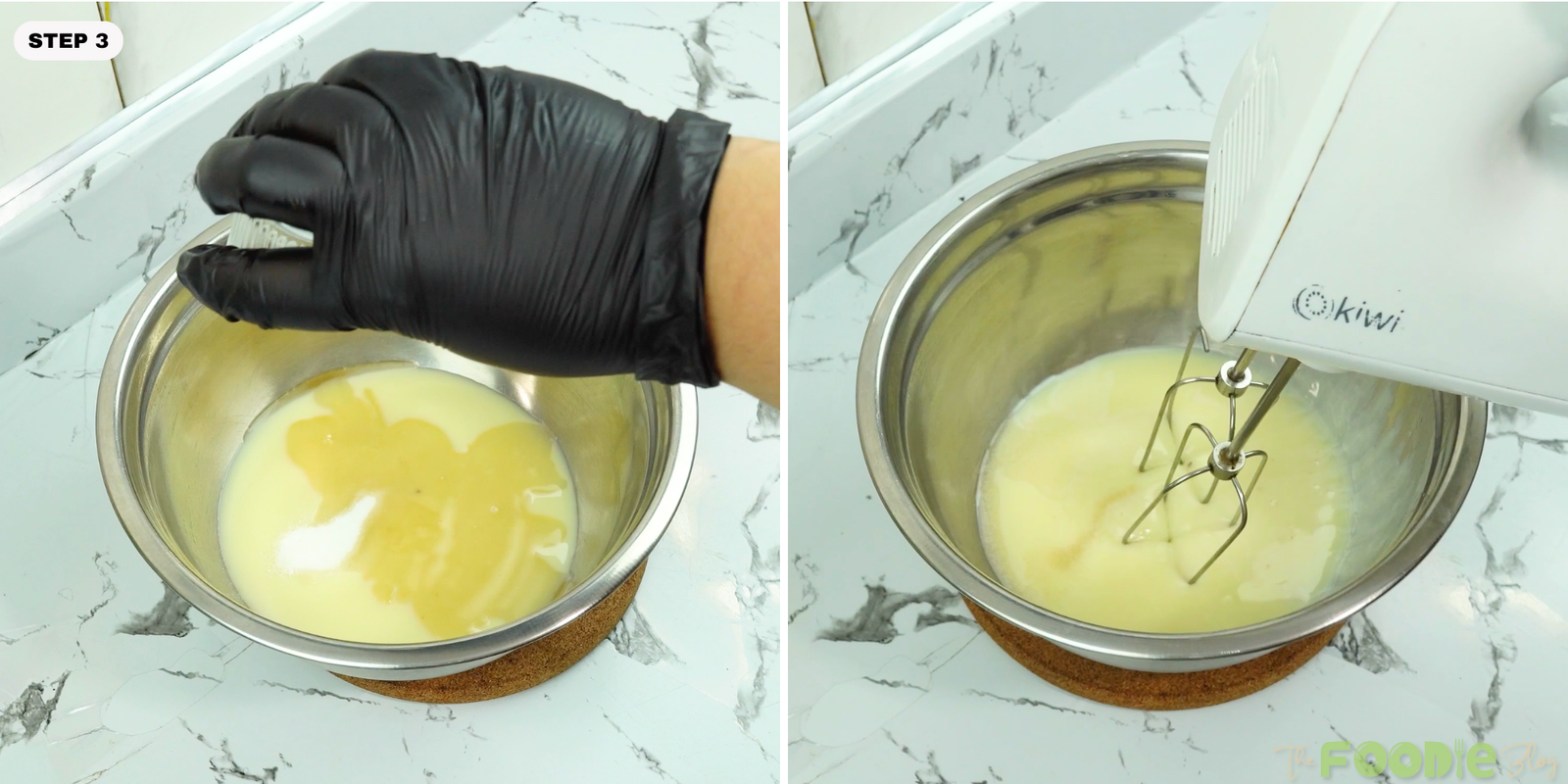 Condensed milk mixture being mixed with a hand mixer in a bowl