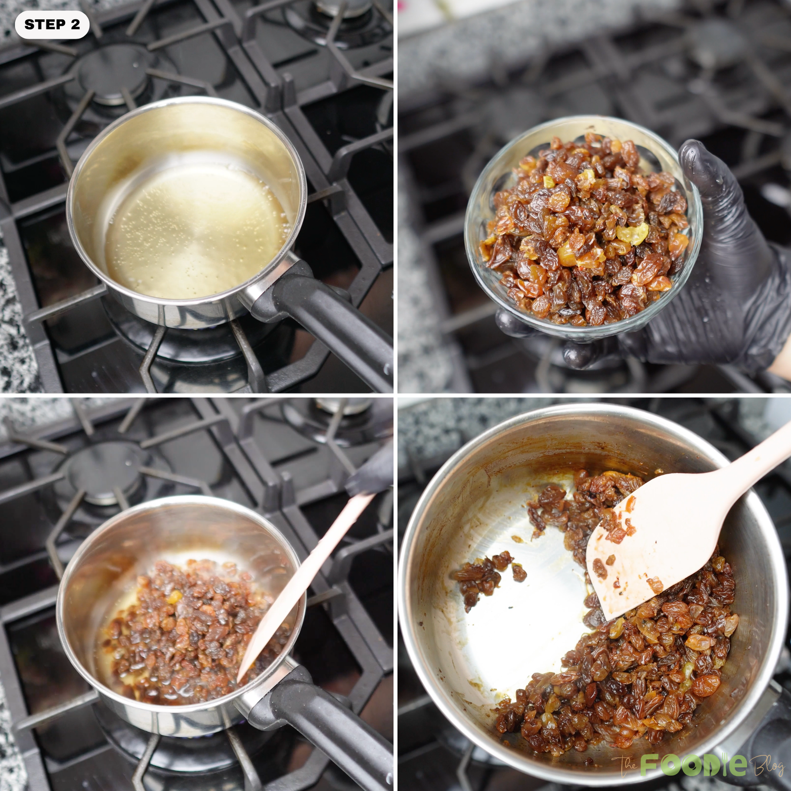 Raisins warming in a small saucepan with rum