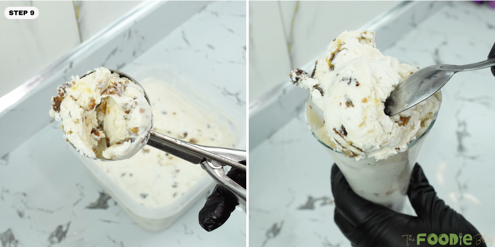 Scooping rum raisin ice cream into a glass for serving