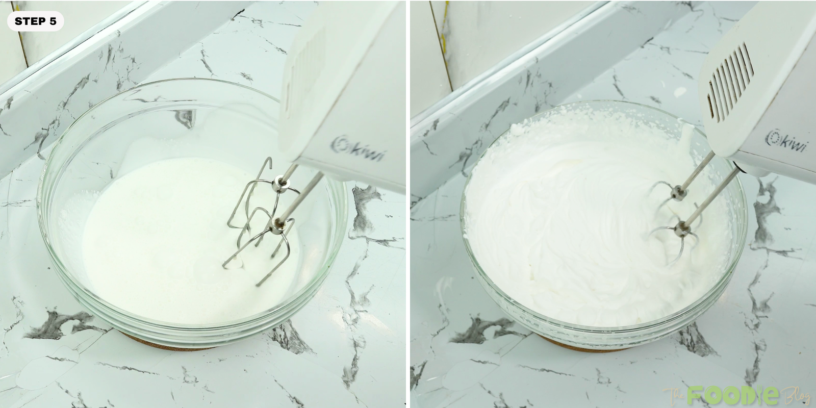 Heavy cream being whipped with a hand mixer in a glass bowl