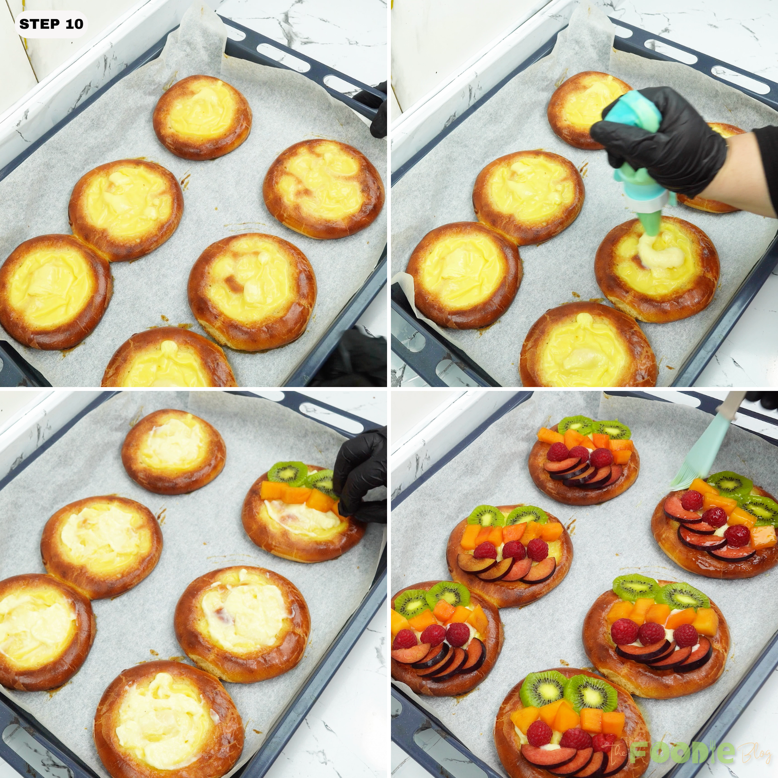 Fresh fruit arranged on pastry cream brioche and brushed with glaze